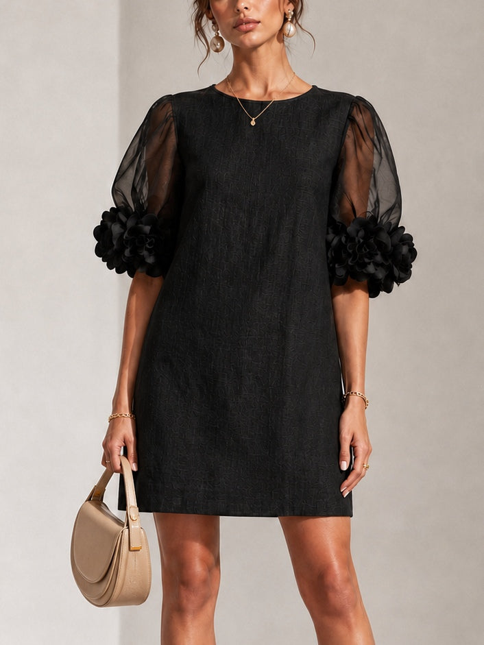 black arabesque floral puff sleeve mini dress Organza Puff-sleeved With Striking Cuffs – Ella Victoria Champagne Dresses Black Satin A-Line Mini Do not size up Size:Coat Size 52