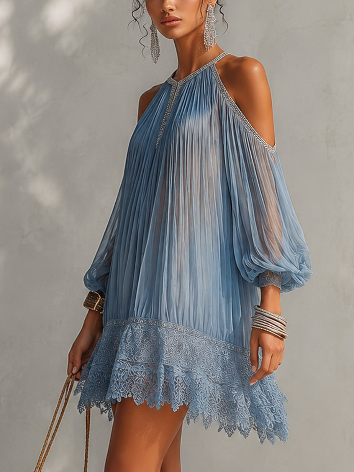 Blue Off-Shoulder Ruched Mini Dress with Lace Hem