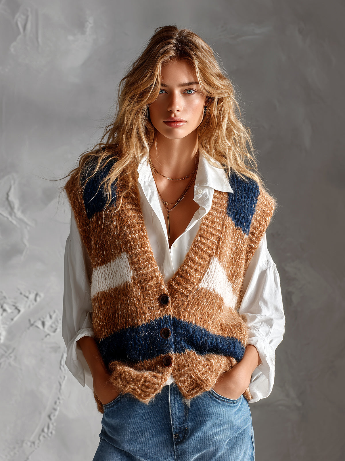 KATYA | BROWN-NAVY MOHAIR VEST