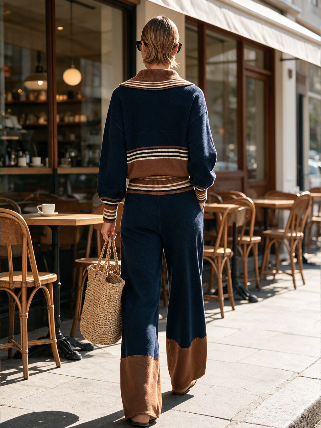 Color‑Block Striped Half‑Zip Knit Two‑Piece Set