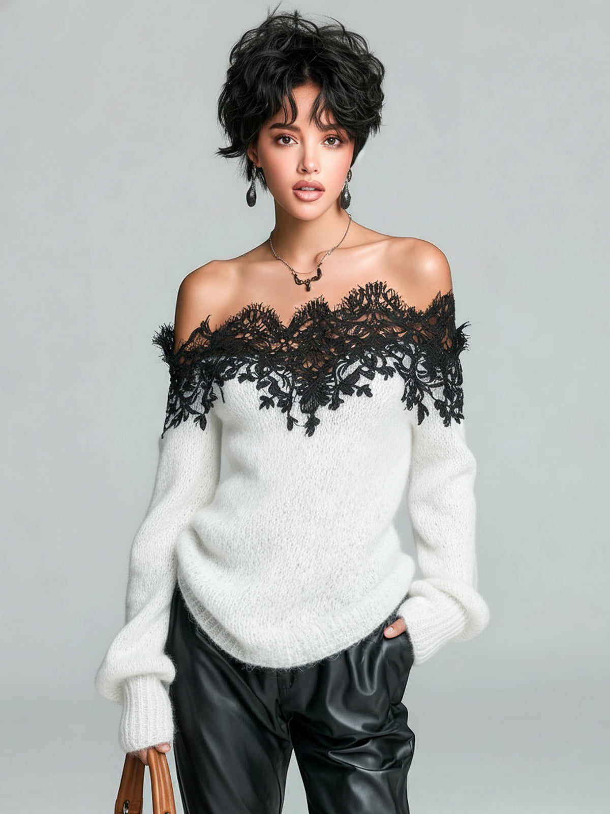 LOUISA | GREY LACE-TRIM SWEATER