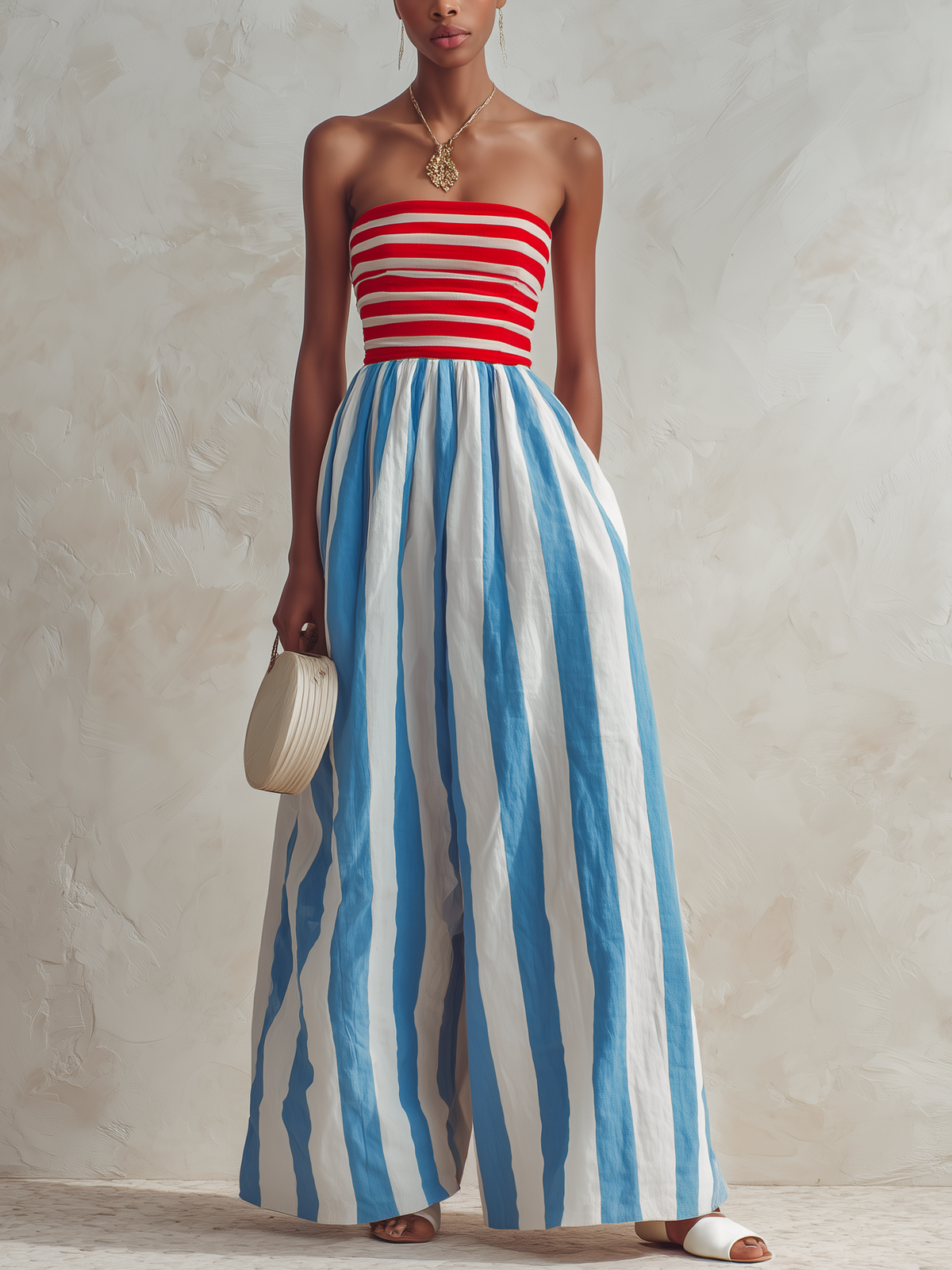 Red & White Striped Strapless Top With Blue & White Striped Wide-Leg Jumpsuit