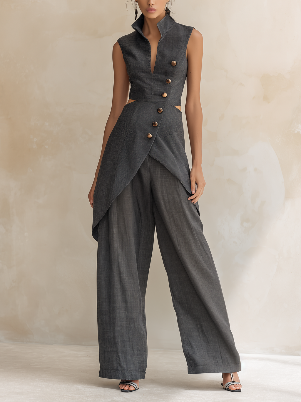 Charcoal Asymmetric Cutout Waistcoat & Wide-Leg Pant Set
