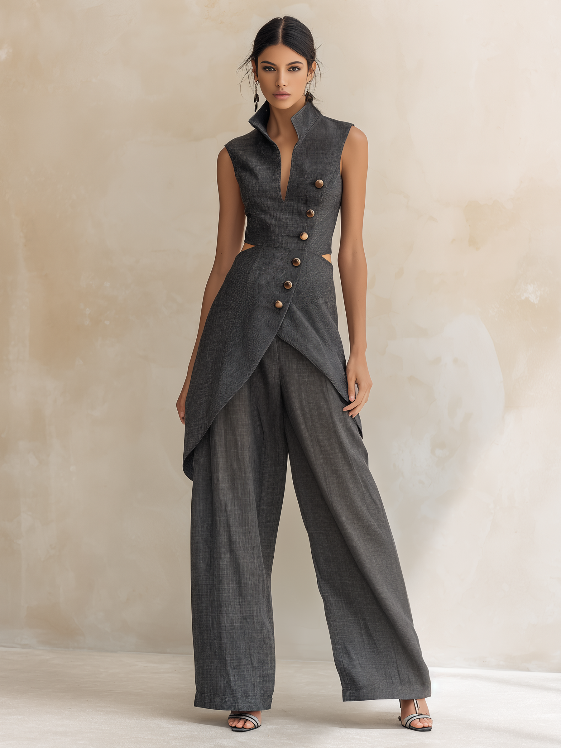 Charcoal Asymmetric Cutout Waistcoat & Wide-Leg Pant Set