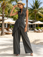 Charcoal Asymmetric Cutout Waistcoat & Wide-Leg Pant Set