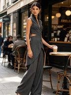 Charcoal Asymmetric Cutout Waistcoat & Wide-Leg Pant Set