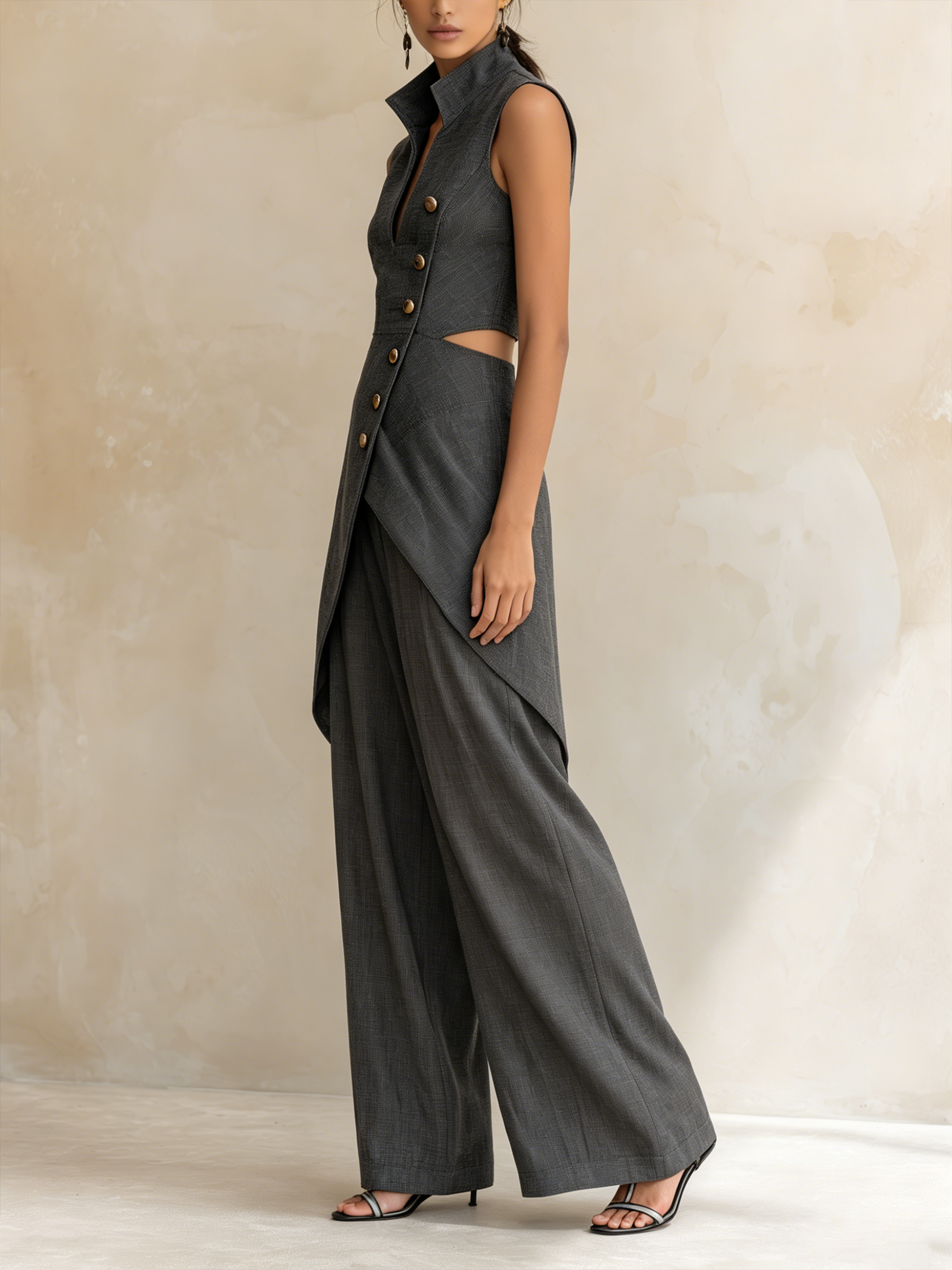 Charcoal Asymmetric Cutout Waistcoat & Wide-Leg Pant Set