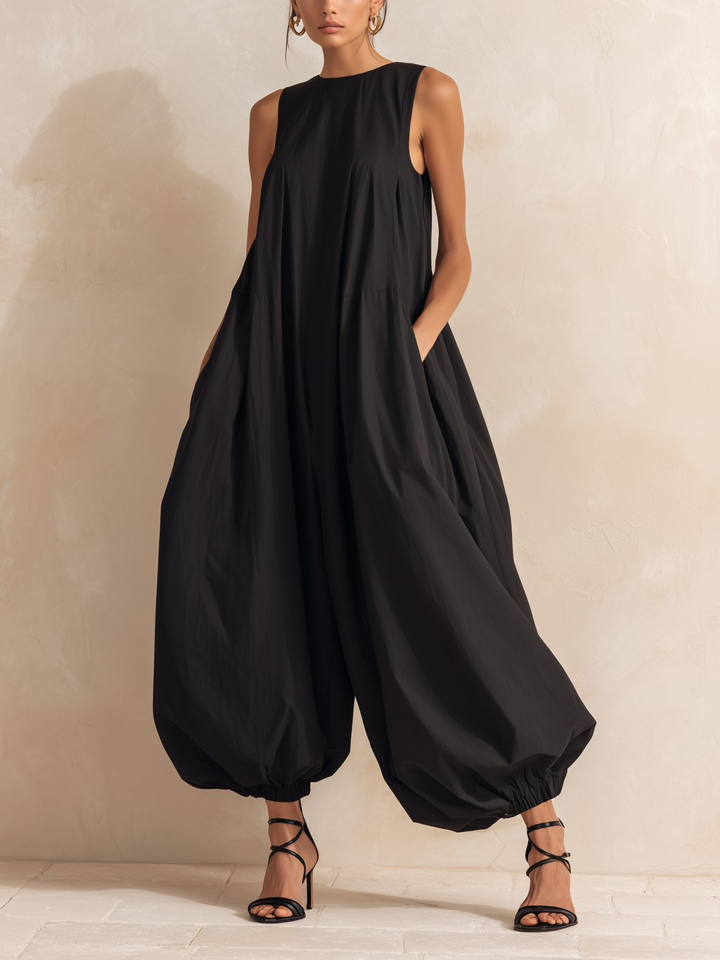 Black Sleeveless Balloon-Leg Jumpsuit With Pockets