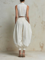 Elegant White Two Piece Set For Women – Sleeveless Pleated Crop Top & High Waist Balloon Pants Co-Ord Set