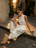 Elegant White Two Piece Set For Women – Sleeveless Pleated Crop Top & High Waist Balloon Pants Co-Ord Set