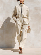 Women's Oversized Cargo Jumpsuit | Half Zip Long Sleeve Utility Romper