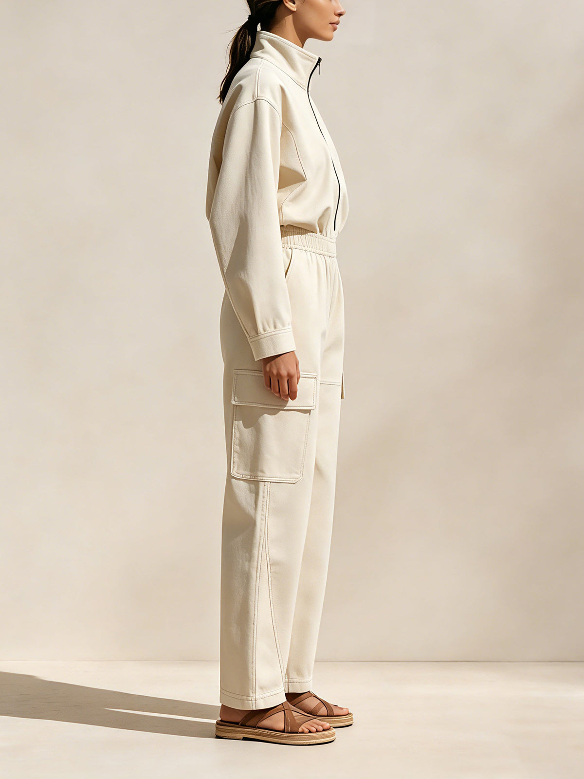 Women's Oversized Cargo Jumpsuit | Half Zip Long Sleeve Utility Romper