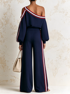 Navy Asymmetric Off Shoulder Stripe Top & Wide Leg Pants Two-Piece Set