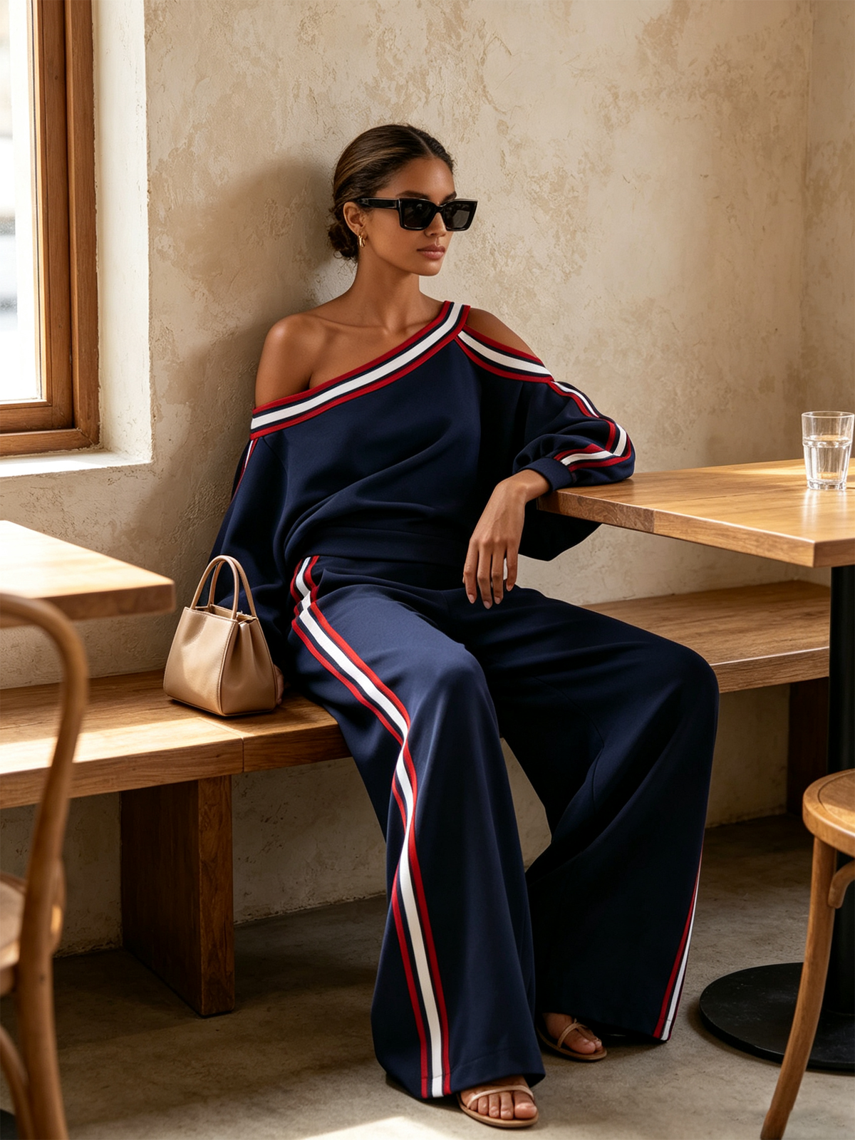 Navy Asymmetric Off Shoulder Stripe Top & Wide Leg Pants Two-Piece Set