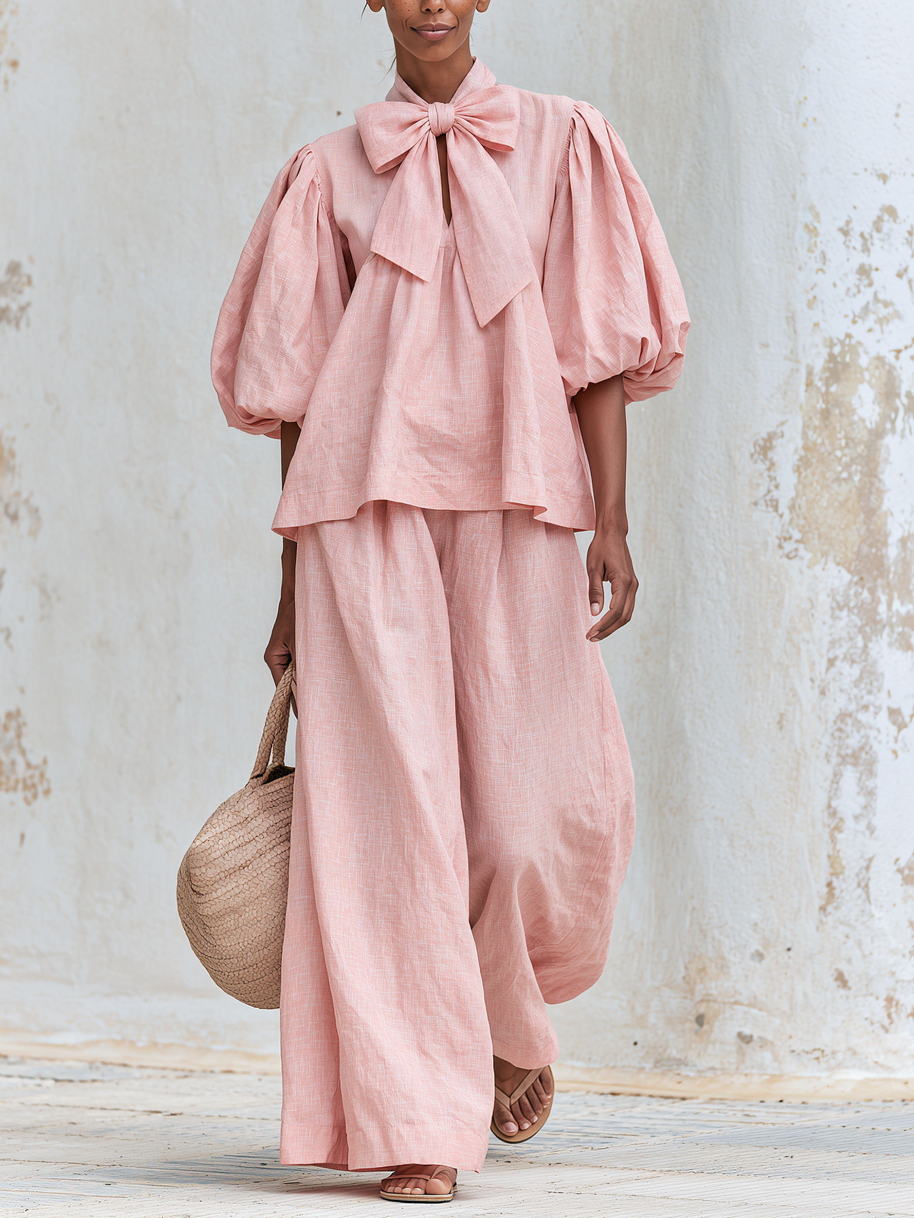 Bow Neck Puff Sleeve Linen Top & Wide Leg Pants Two-Piece Set