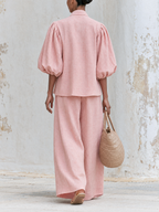 Bow Neck Puff Sleeve Linen Top & Wide Leg Pants Two-Piece Set