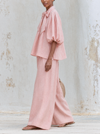 Bow Neck Puff Sleeve Linen Top & Wide Leg Pants Two-Piece Set