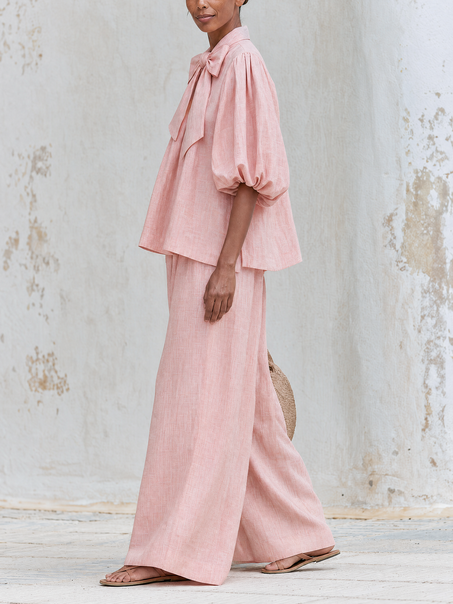 Bow Neck Puff Sleeve Linen Top & Wide Leg Pants Two-Piece Set