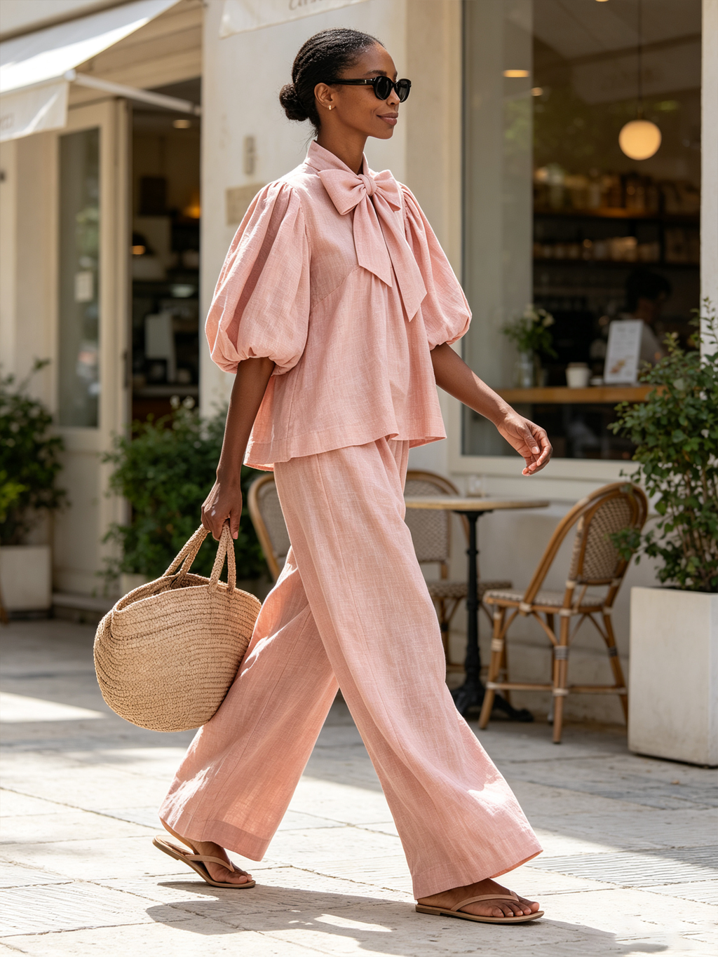 Bow Neck Puff Sleeve Linen Top & Wide Leg Pants Two-Piece Set