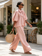 Bow Neck Puff Sleeve Linen Top & Wide Leg Pants Two-Piece Set