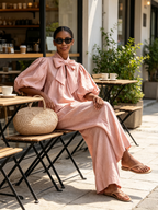 Bow Neck Puff Sleeve Linen Top & Wide Leg Pants Two-Piece Set