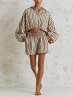 Striped Lapel Collar Cropped Top & Shorts Two Piece Set