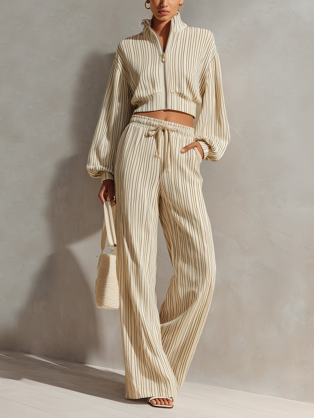 Women’s Striped Two Piece Lounge Set – Cropped Zip Up Jacket & Wide Leg Pants Casual Co-Ord Set