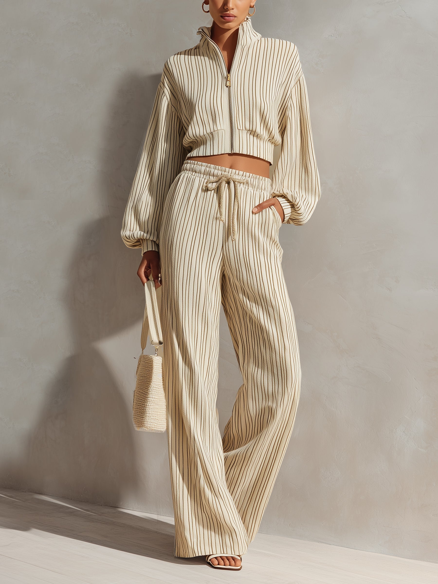 Women’s Striped Two Piece Lounge Set – Cropped Zip Up Jacket & Wide Leg Pants Casual Co-Ord Set