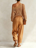 Women’s Off Shoulder Crochet Knit Sweater – Boho Long Sleeve Loose Fit Pullover Top