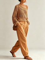 Women’s Off Shoulder Crochet Knit Sweater – Boho Long Sleeve Loose Fit Pullover Top