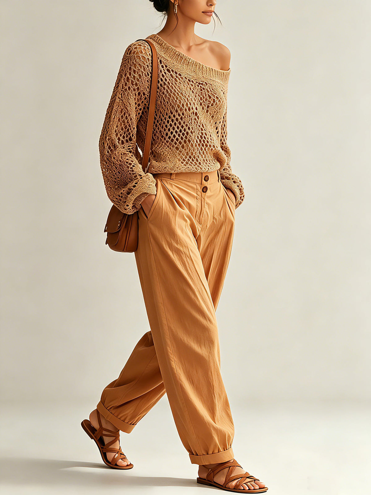 Women’s Off Shoulder Crochet Knit Sweater – Boho Long Sleeve Loose Fit Pullover Top