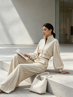 Women’s Striped Two Piece Lounge Set – Cropped Zip Up Jacket & Wide Leg Pants Casual Co-Ord Set