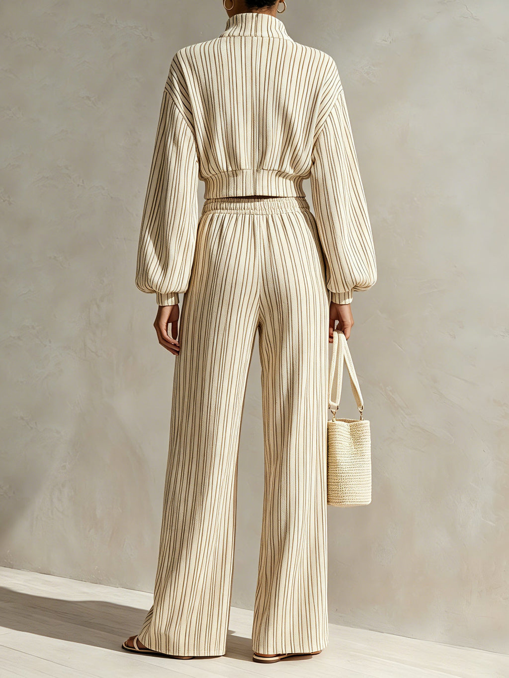 Women’s Striped Two Piece Lounge Set – Cropped Zip Up Jacket & Wide Leg Pants Casual Co-Ord Set