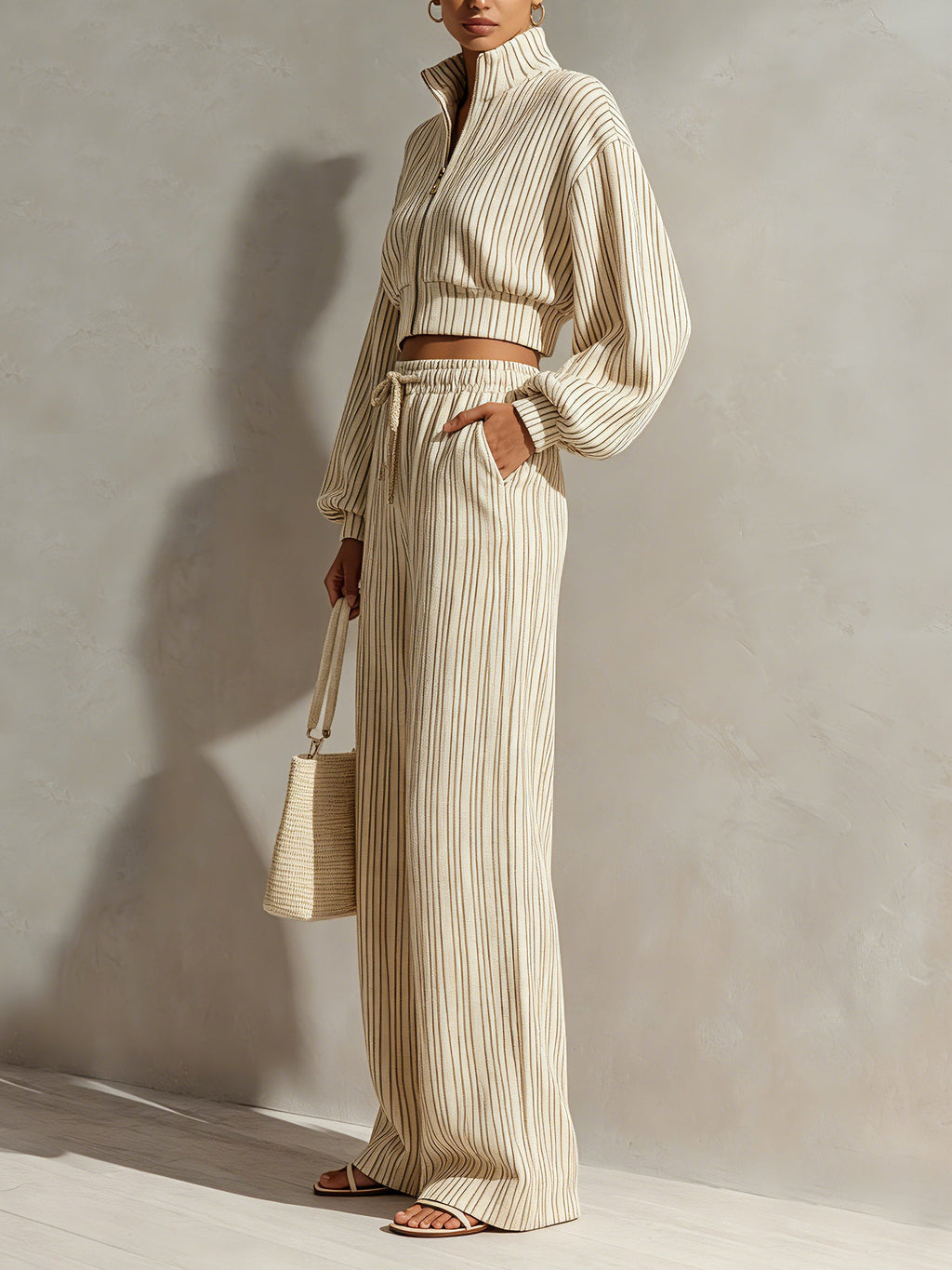 Women’s Striped Two Piece Lounge Set – Cropped Zip Up Jacket & Wide Leg Pants Casual Co-Ord Set