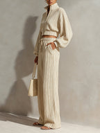 Women’s Striped Two Piece Lounge Set – Cropped Zip Up Jacket & Wide Leg Pants Casual Co-Ord Set