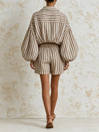 Striped Lapel Collar Cropped Top & Shorts Two Piece Set