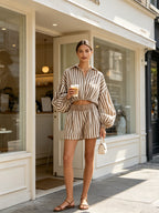 Striped Lapel Collar Cropped Top & Shorts Two Piece Set
