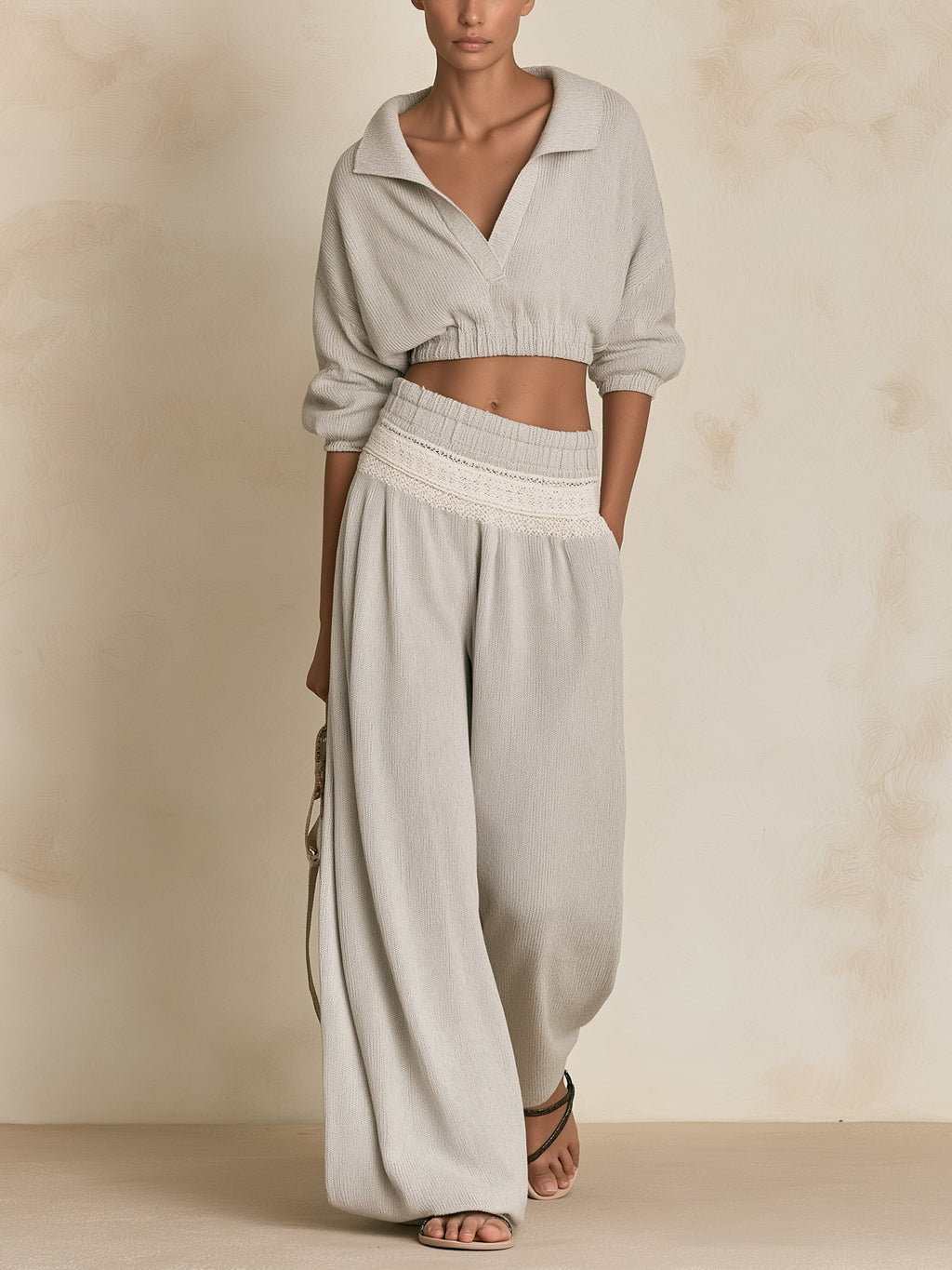 Textured Knit Cropped Top & Wide Leg Pants Set – Minimalist Two Piece Outfit