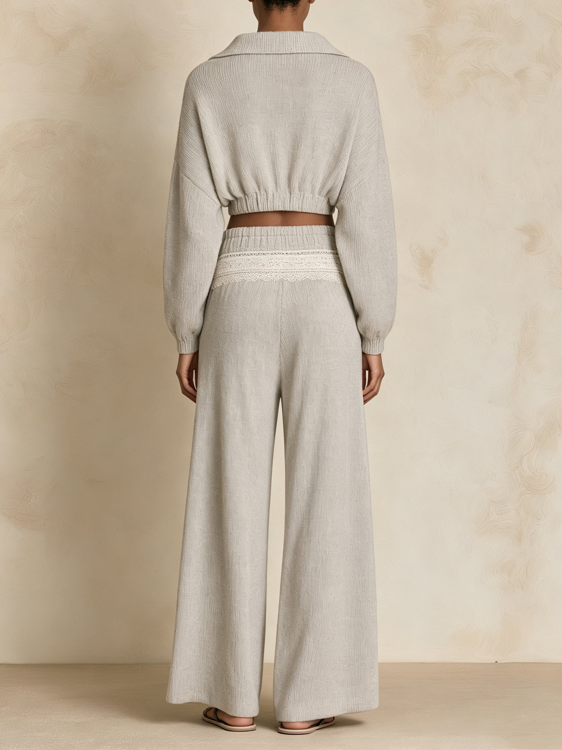 Textured Knit Cropped Top & Wide Leg Pants Set – Minimalist Two Piece Outfit