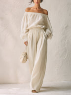 Women’s White Linen Two Piece Set – Off Shoulder Blouse And Wide Leg Pants Lounge Set With Relaxed Fit