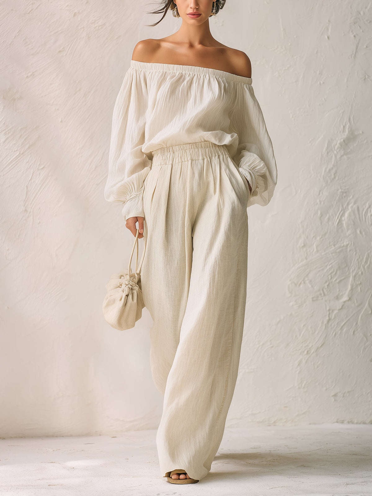 Women’s White Linen Two Piece Set – Off Shoulder Blouse And Wide Leg Pants Lounge Set With Relaxed Fit