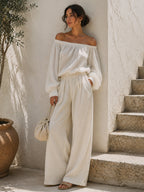 Women’s White Linen Two Piece Set – Off Shoulder Blouse And Wide Leg Pants Lounge Set With Relaxed Fit