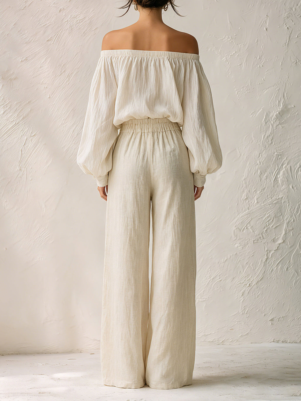Women’s White Linen Two Piece Set – Off Shoulder Blouse And Wide Leg Pants Lounge Set With Relaxed Fit