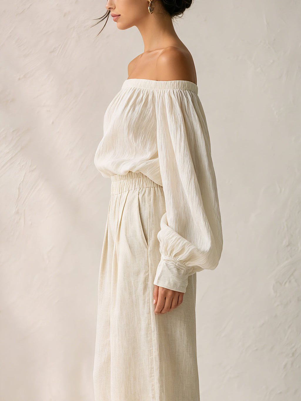 Women’s White Linen Two Piece Set – Off Shoulder Blouse And Wide Leg Pants Lounge Set With Relaxed Fit