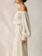 Women’s White Linen Two Piece Set – Off Shoulder Blouse And Wide Leg Pants Lounge Set With Relaxed Fit