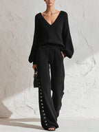 Women’s Black Two Piece Set – V Neck Long Sleeve Top And Pleated Wide Leg Pants Matching Outfit