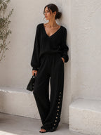 Women’s Black Two Piece Set – V Neck Long Sleeve Top And Pleated Wide Leg Pants Matching Outfit