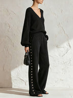 Women’s Black Two Piece Set – V Neck Long Sleeve Top And Pleated Wide Leg Pants Matching Outfit