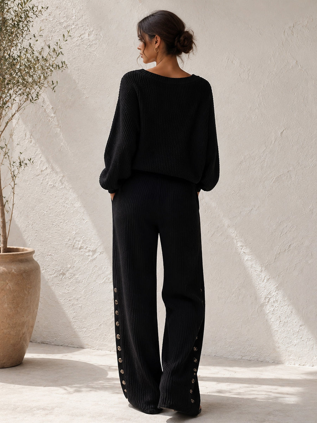 Women’s Black Two Piece Set – V Neck Long Sleeve Top And Pleated Wide Leg Pants Matching Outfit