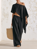 Black Washed Linen Two Piece Outfit, Off Shoulder Irregular Crop Top & Button Front Wide Leg Pants Vacation Matching Set